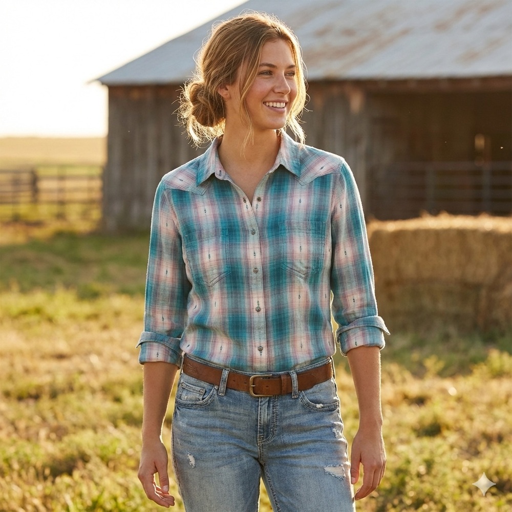 Ariat REAL Women’s Relaxed Plaid Western Shirt L 100% Cotton Teal Pink Button
